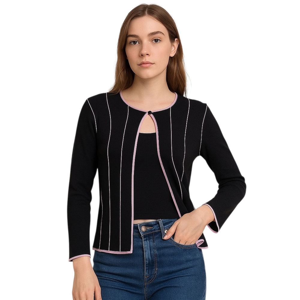 FINITY VINTAGE 90s single button cardigan sweater‎ slinky knit black stripe M